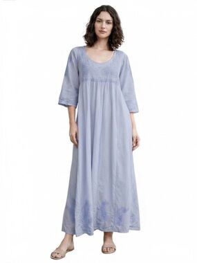 Soft Surroundings Embroidered Paisley Maxi Nightgown Dusty Blue Large TALL NEW